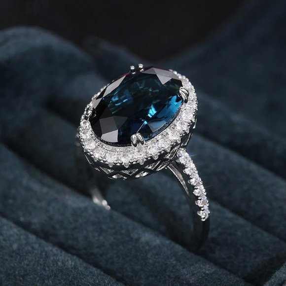 Sterling Silver Big 14mm Oval Pure Royal Blue Ring - Picture 7 of 10